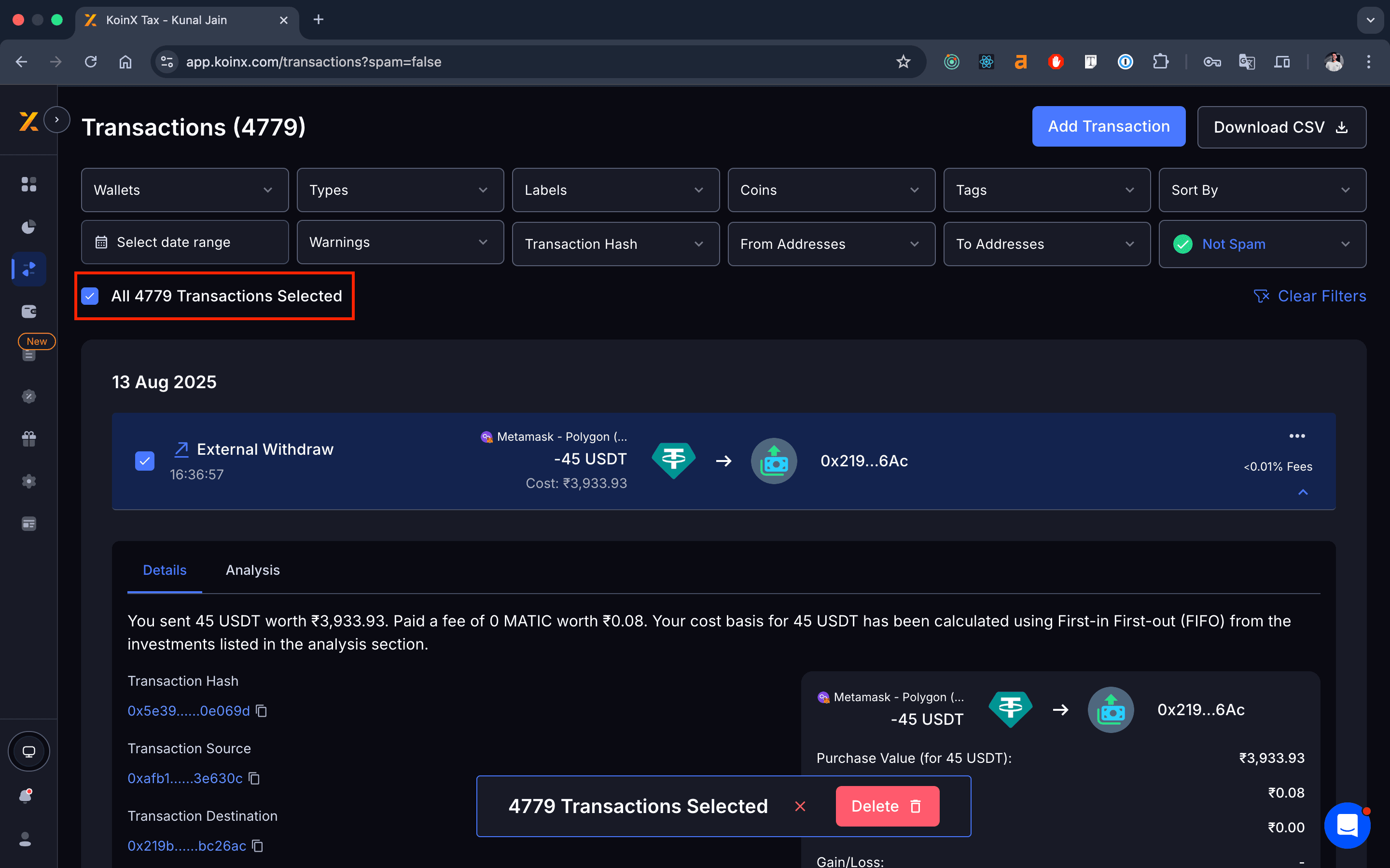 Bulk Transaction Actions Screenshot