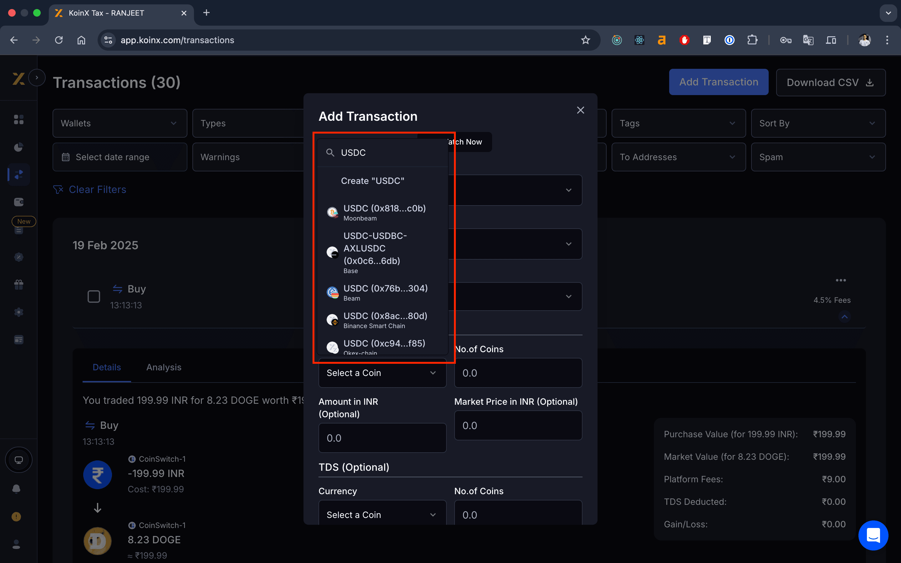 Expanded Coin Selection Screenshot