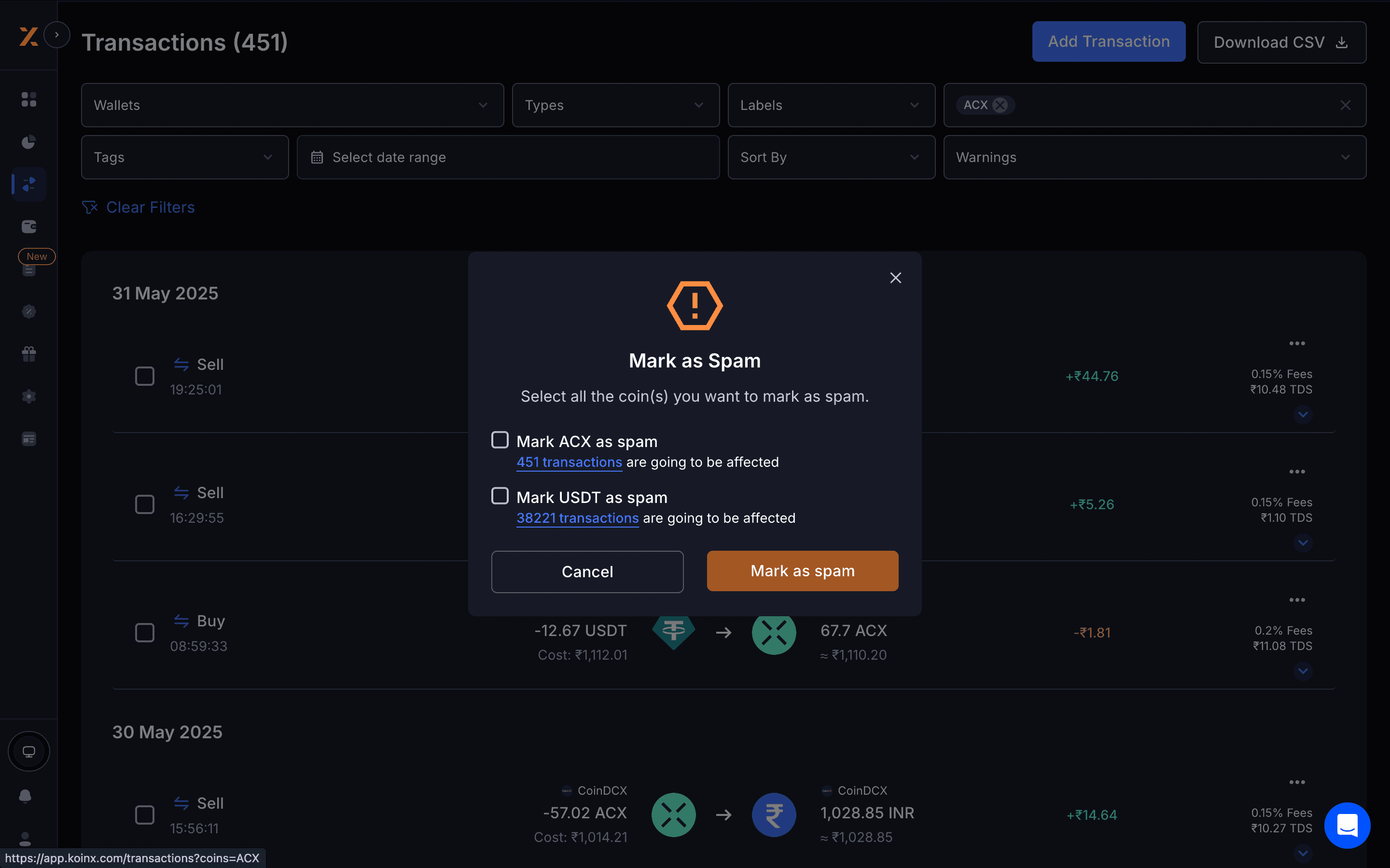 Spam Transactions Screenshot